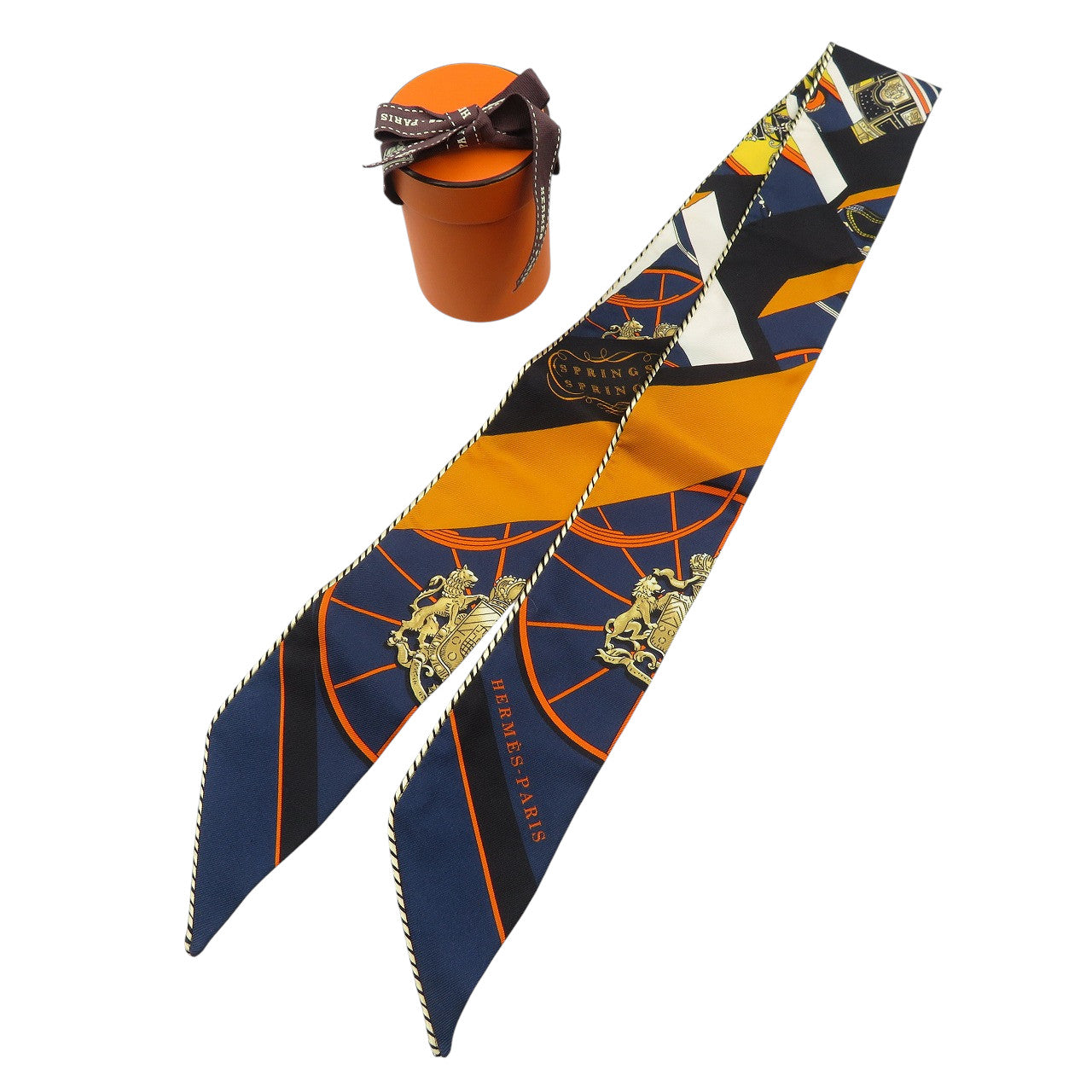 新品同様 エルメス ツイリー SPRINGS SPRINGS BAGUE シルク ノワール オレンジ クレーム スカーフ 0541-1【中古】HERMES