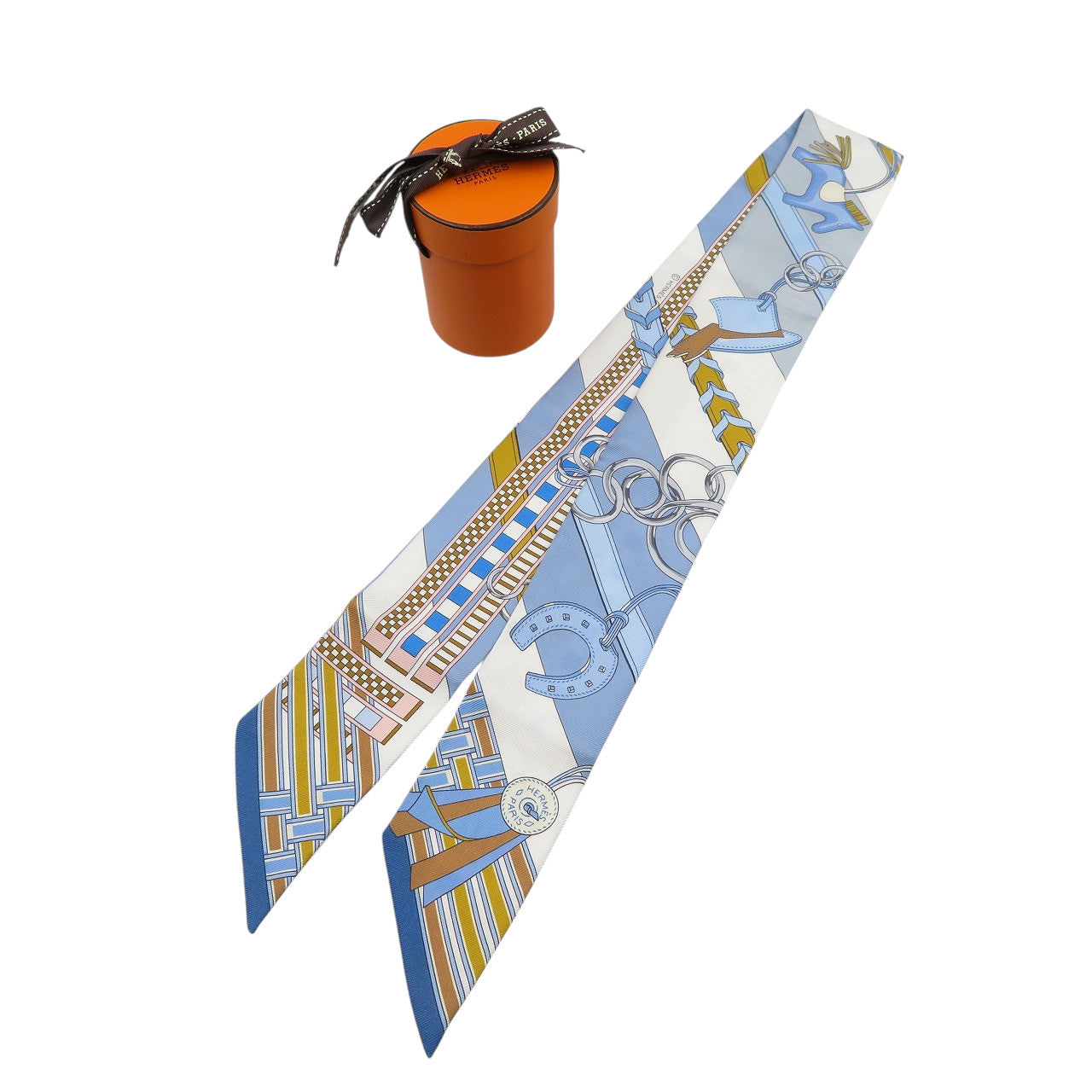 新品同様 エルメス ツイリー 馬勒とチャーム シルク ブルー ホワイト スカーフ 0542-2【中古】HERMES