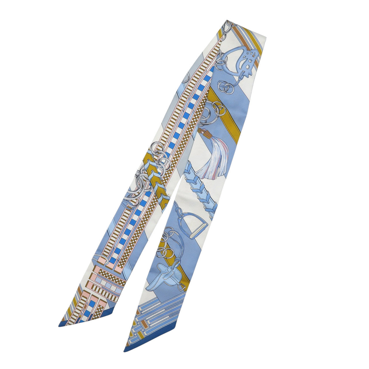 新品同様 エルメス ツイリー 馬勒とチャーム シルク ブルー ホワイト スカーフ 0542-2【中古】HERMES