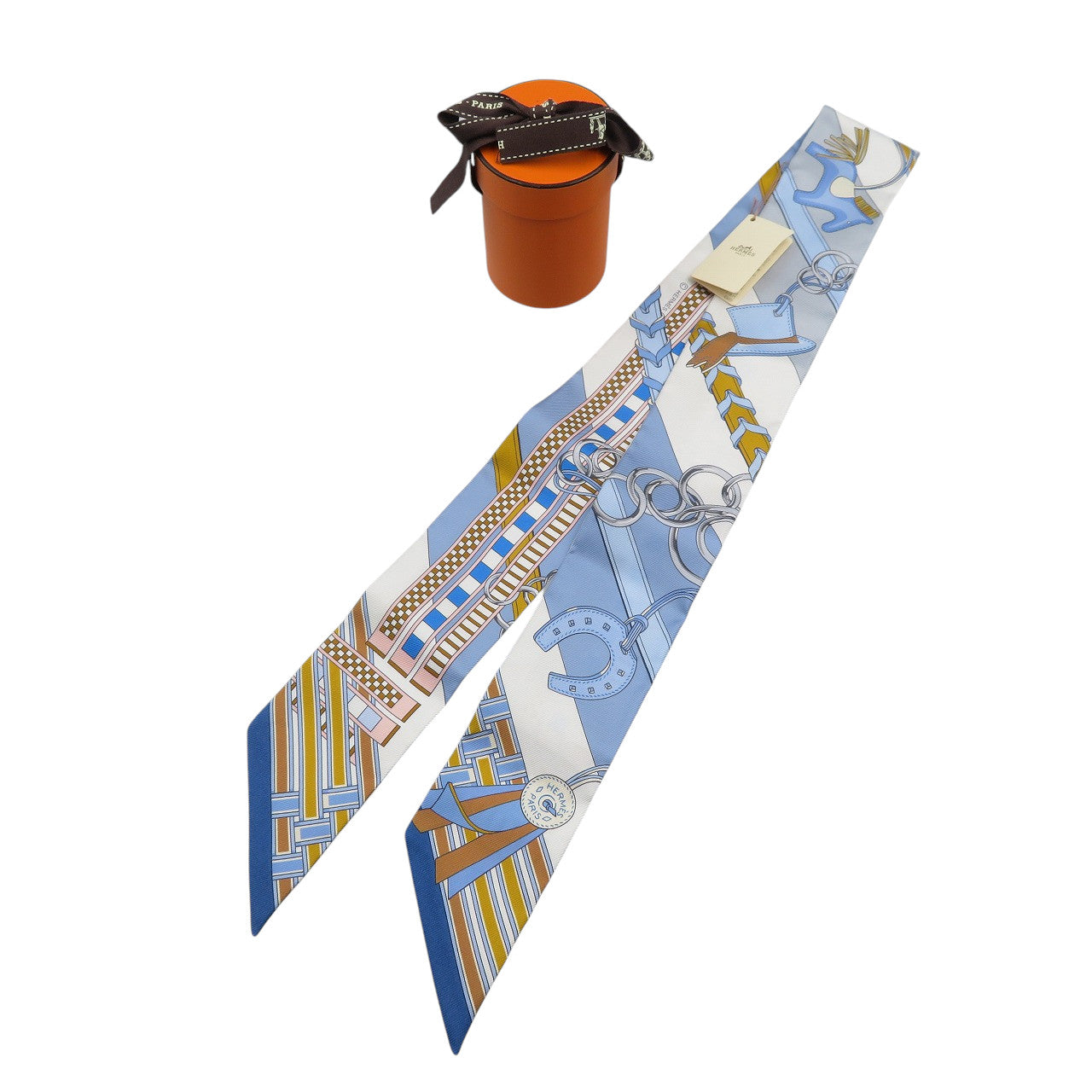 新品同様 エルメス ツイリー 馬勒とチャーム シルク ブルー ホワイト スカーフ 0542-3【中古】HERMES