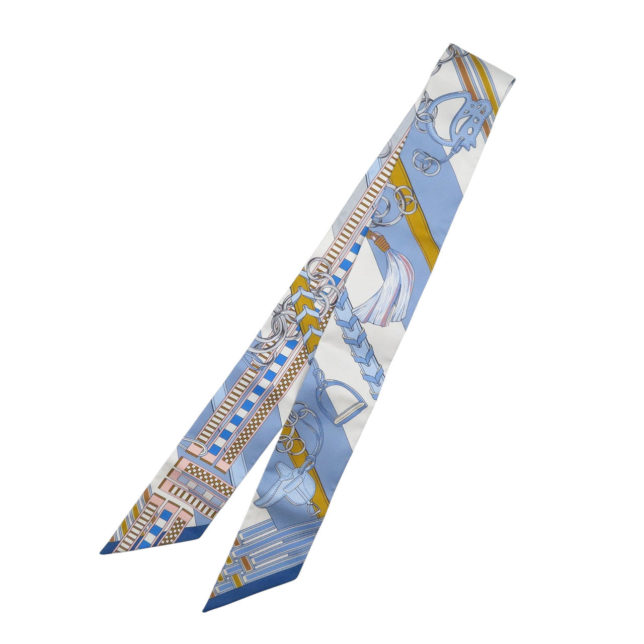 新品同様 エルメス ツイリー 馬勒とチャーム シルク ブルー ホワイト スカーフ 0542-3【中古】HERMES