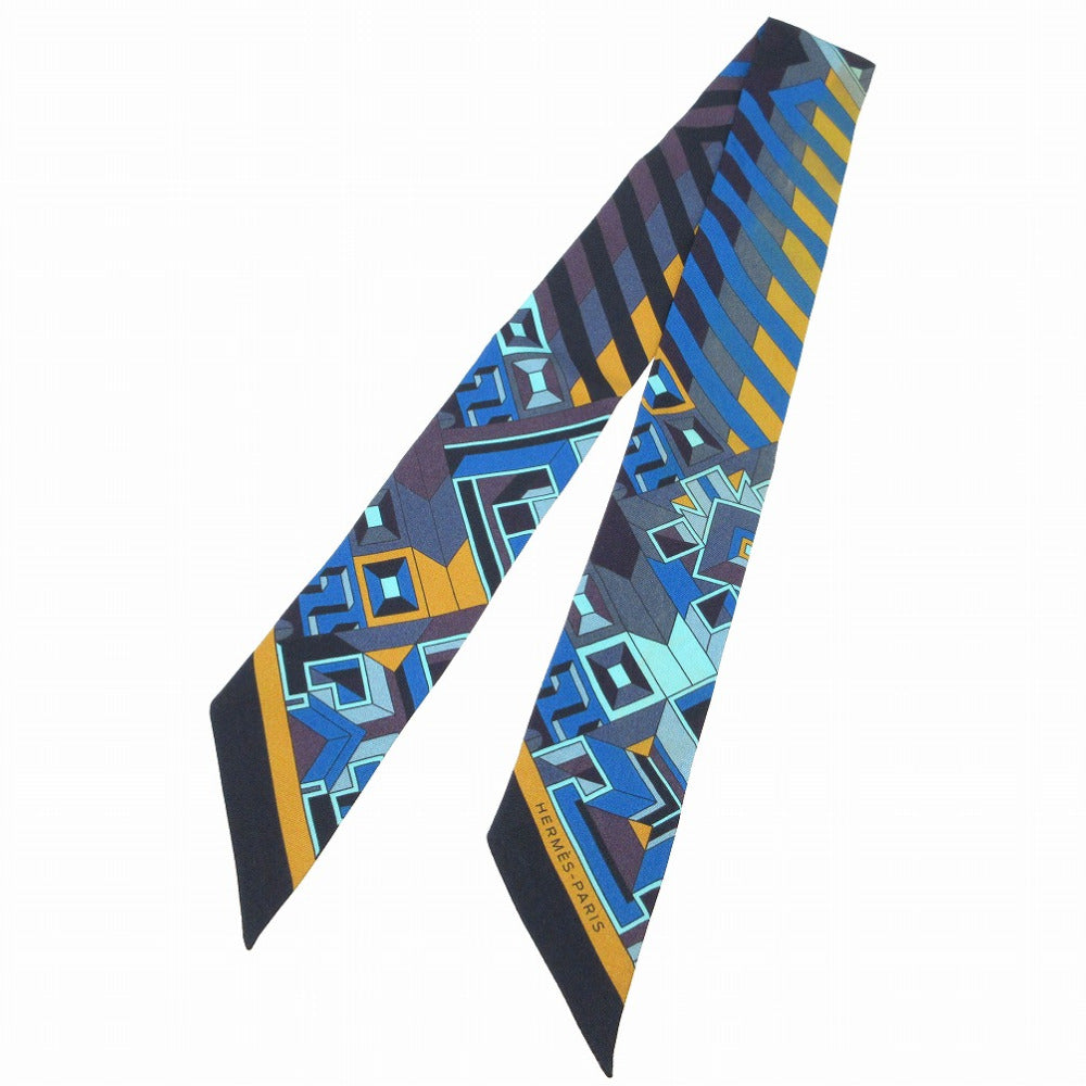 美品 エルメス ツイリー LE FIL D'ARIANE スカーフ シルク ブルー/ジョーヌ/ブラック 1118【中古】HERMES