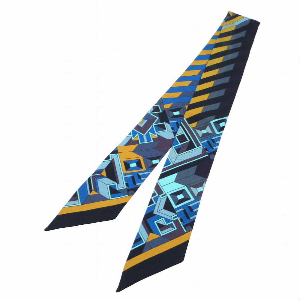 美品 エルメス ツイリー LE FIL D'ARIANE スカーフ シルク ブルー/ジョーヌ/ブラック 1118【中古】HERMES