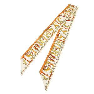 美品 エルメス ツイリー アルファベット3　森の動物 スカーフ シルク オレンジ/クリーム/レッド 1119【中古】HERMES