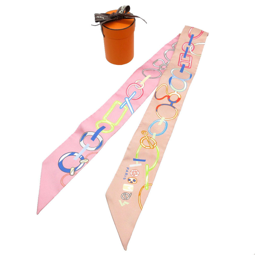 新品同様 エルメス ツイリー ド レ ブックル 馬具 スカーフ シルク ローズプードル/ブルー 1120【中古】HERMES