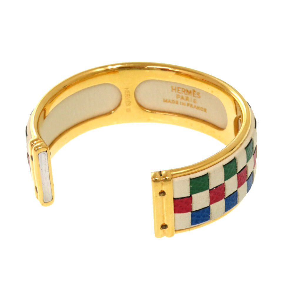 美品 エルメス チェッカー メタル レザー マルチカラー ゴールド金具 バングル アクセサリー 1151 【中古】 HERMES