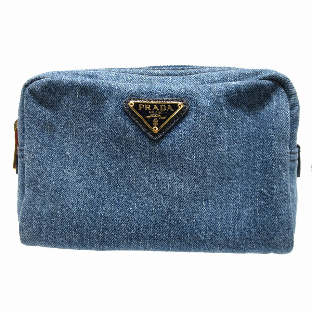 美品 プラダ 1NA021 三角プレート デニム ブルー 青 ポーチ 1173【中古】PRADA