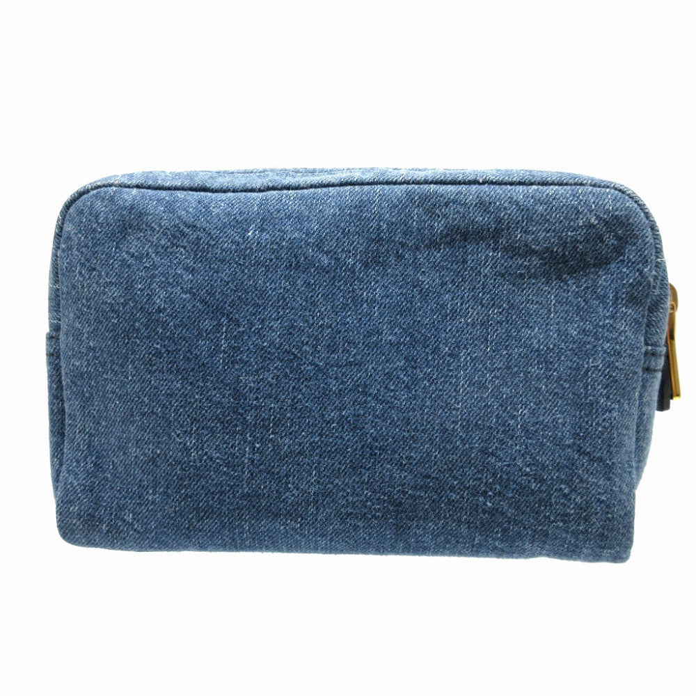 美品 プラダ 1NA021 三角プレート デニム ブルー 青 ポーチ 1173【中古】PRADA