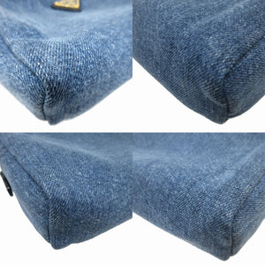 美品 プラダ 1NA021 三角プレート デニム ブルー 青 ポーチ 1173【中古】PRADA