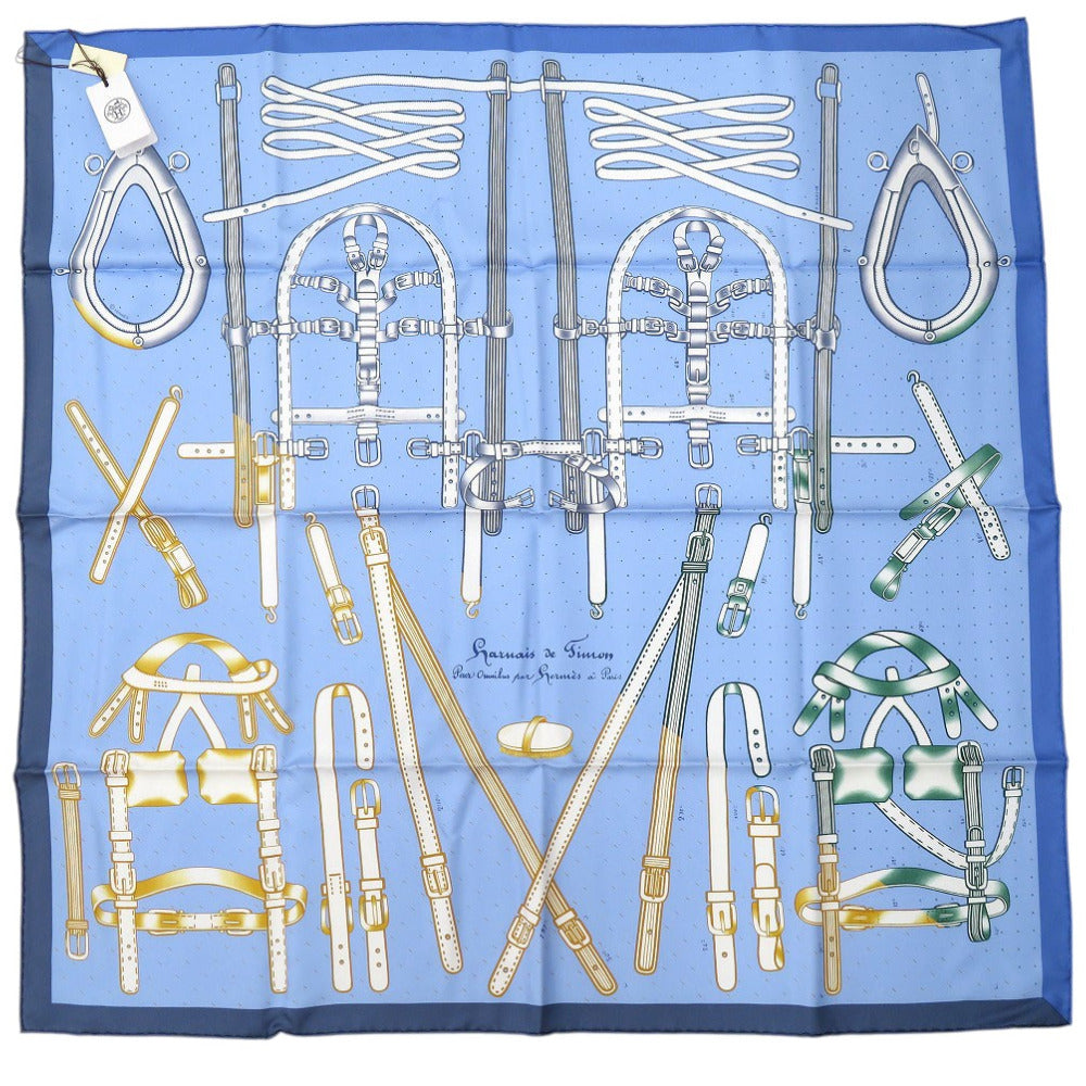 未使用品 エルメス カレ90 Harnais de Timon アルネ ド ティモン ツイルスカーフ シルク BLEU CIEL BLANC BE 1199【中古】HERMES