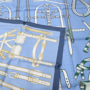 未使用品 エルメス カレ90 Harnais de Timon アルネ ド ティモン ツイルスカーフ シルク BLEU CIEL BLANC BE 1199【中古】HERMES