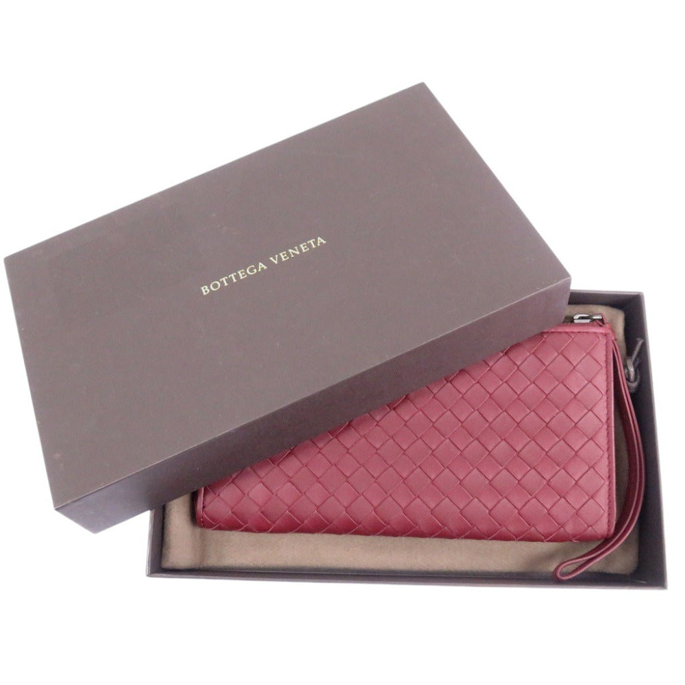 未使用品 ボッテガヴェネタ イントレチャート レザー バーガンディ L字ファスナー 長財布 赤 1304【中古】BOTTEGAVENETA
