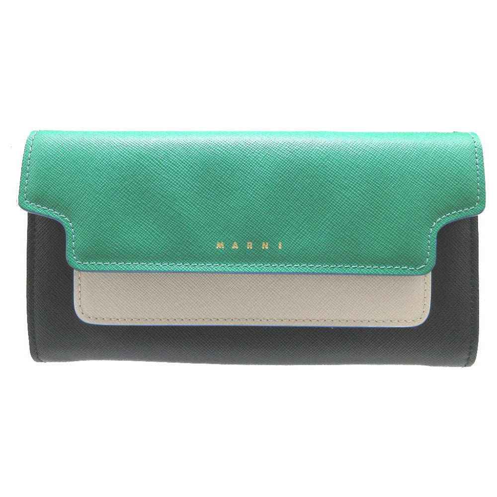 新品同様 マルニ トランク レザー グリーン 緑 ブラック 黒 2つ折り長財布 財布 1323【中古】MARNI