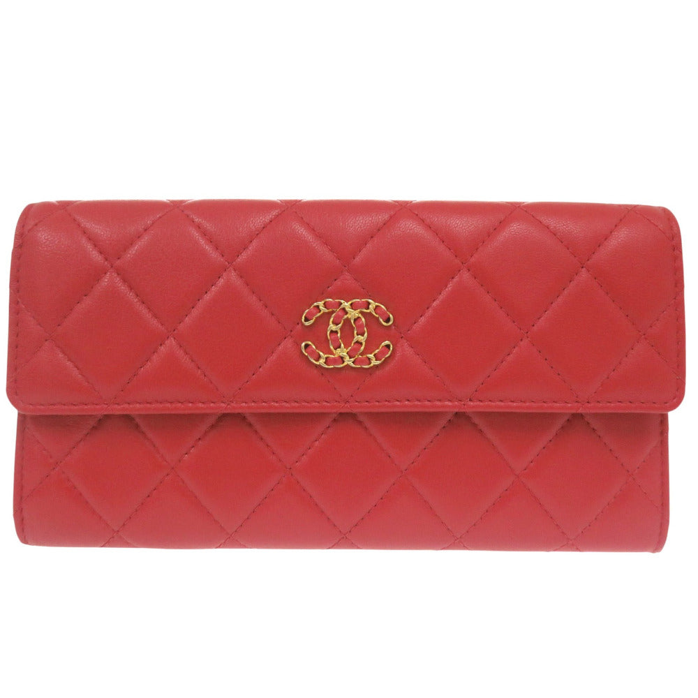 新品同様 シャネル 19 マトラッセ ラムスキン レッド 長財布 赤 1433【中古】CHANEL