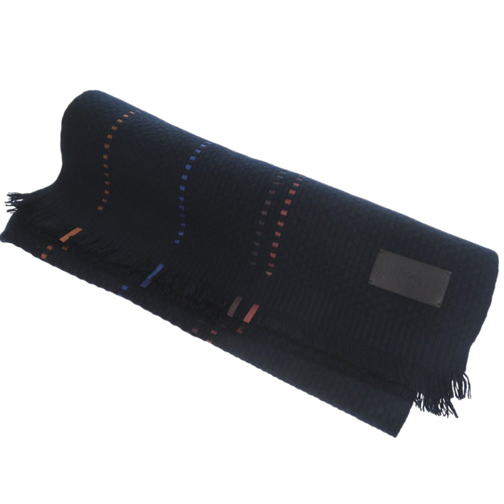 新品同様 エルメス マフラー 40×180 レザー編み込み カシミヤ ネイビー 1479【中古】HERMES