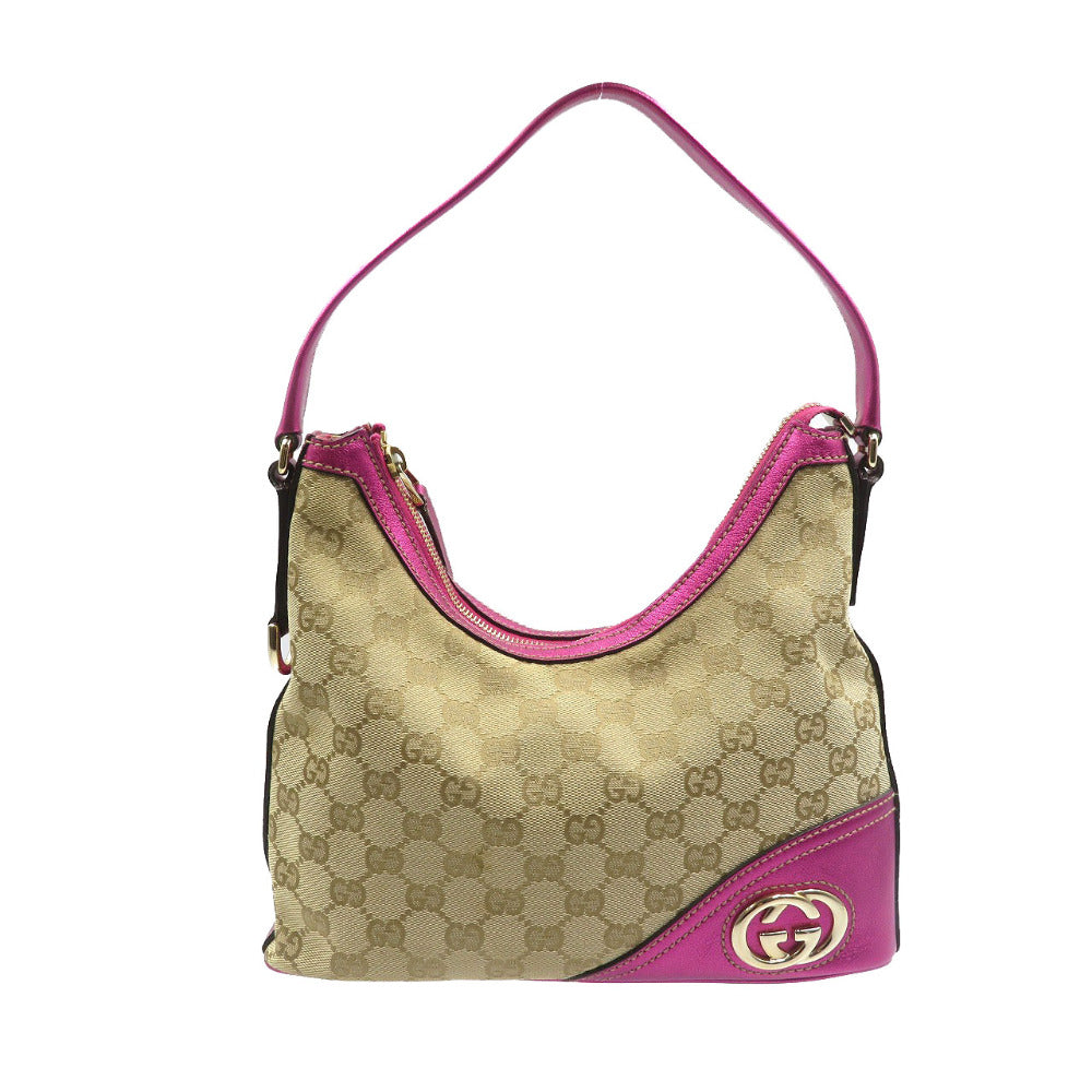 美品 グッチ インターロッキング 182489 GGキャンバス レザー ベージュ ピンク ショルダーバッグ 1492【中古】GUCCI