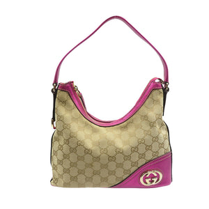 美品 グッチ インターロッキング 182489 GGキャンバス レザー ベージュ ピンク ショルダーバッグ 1492【中古】GUCCI