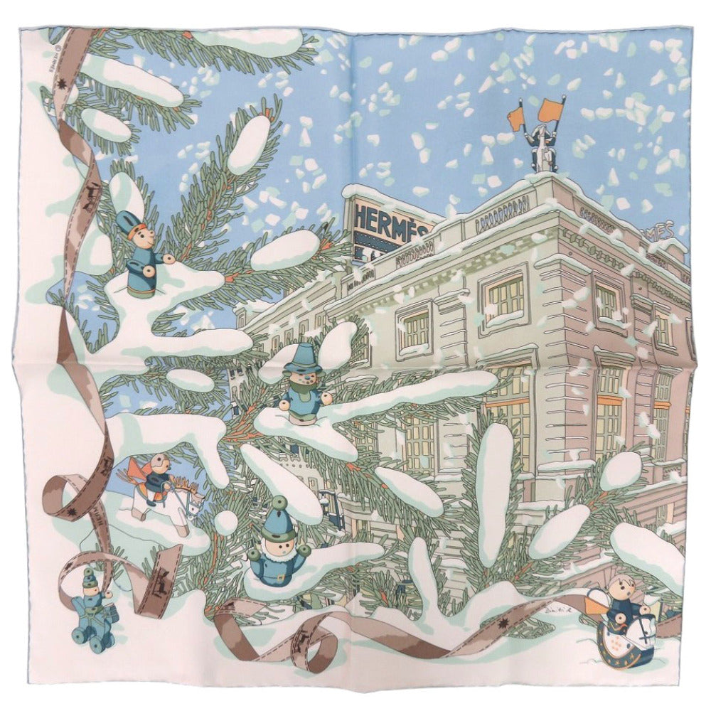 新品同様 エルメス カレ45 プチカレ Noel au 24 Faubourg フォーブル24番地のクリスマス ガヴロッシュ シルク ライトブルー スカーフ 1512【中古】HERMES