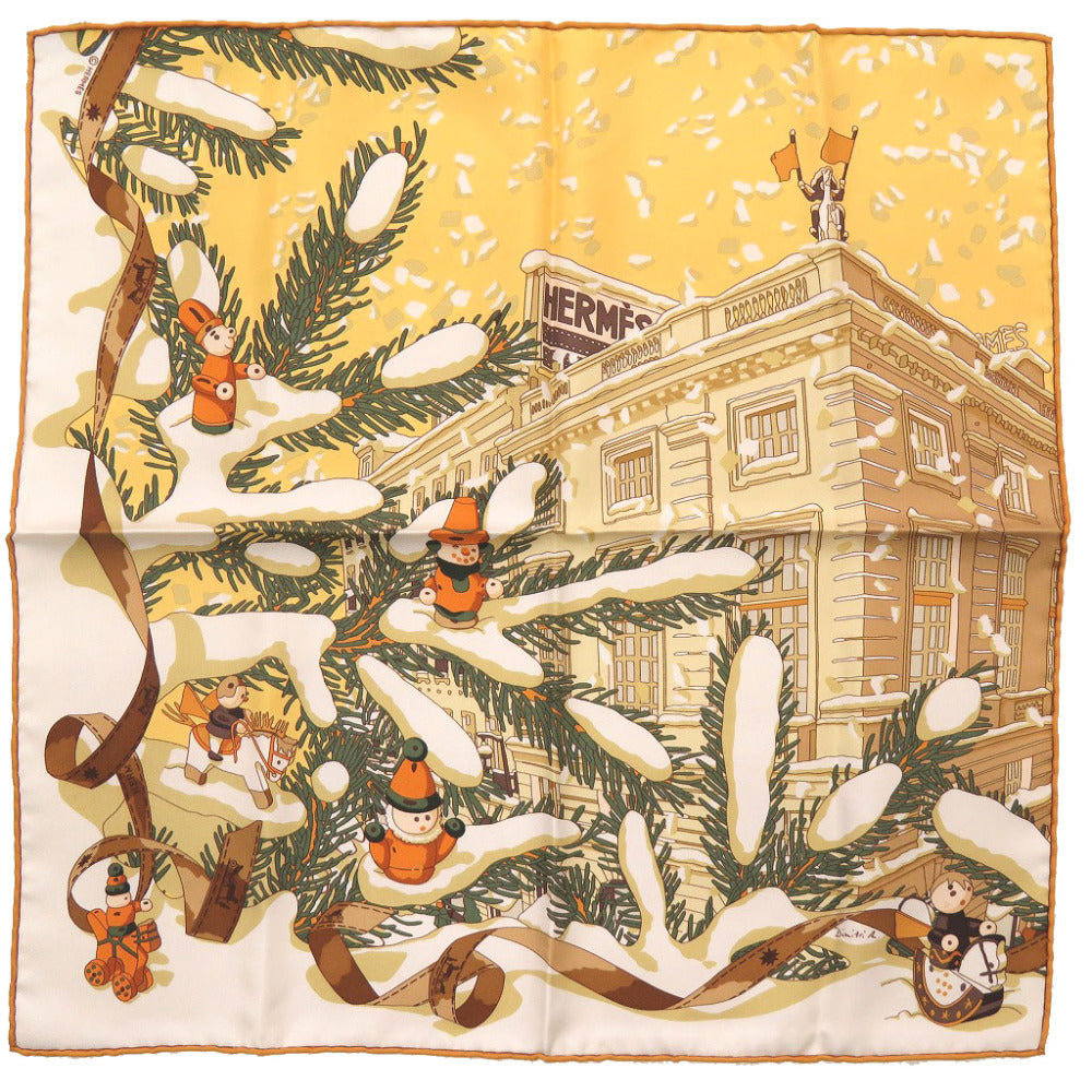 新品同様 エルメス カレ45 ガヴロッシュ フォーブル 24番地のクリスマス シルク ジョーヌ スカーフ 1514【中古】HERMES