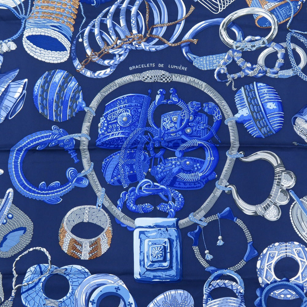 美品 エルメス カレ90 Bracelets de Lumiere 光のブレスレット シルク ブルー スカーフ 1623【中古】HERMES