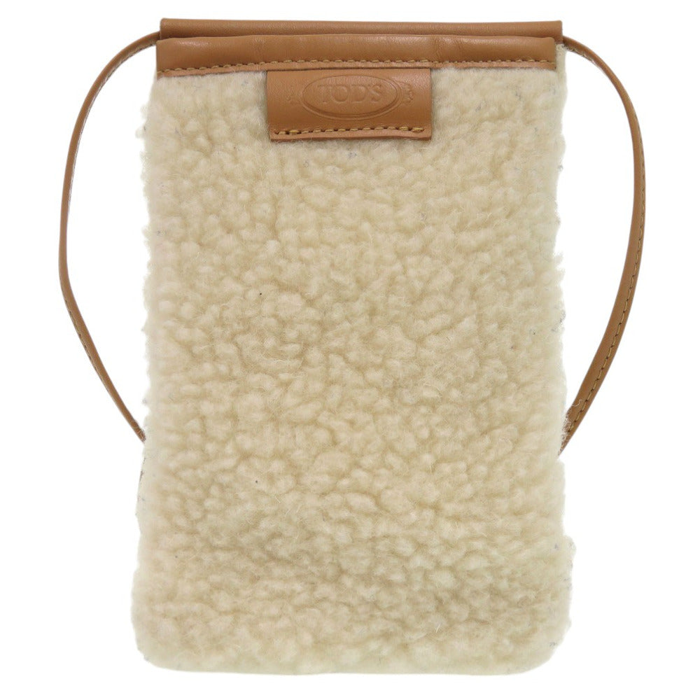 美品 トッズ ロゴ付き スマートフォン バッグ ショルダーバッグ 携帯 スマホアクセサリー ムートン ホワイト 1673【中古】TOD’S