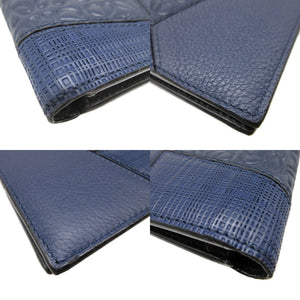 新品同様 ロエベ アナグラム レザー ネイビー 紺 2つ折り札入れ 財布 1675【中古】LOEWE