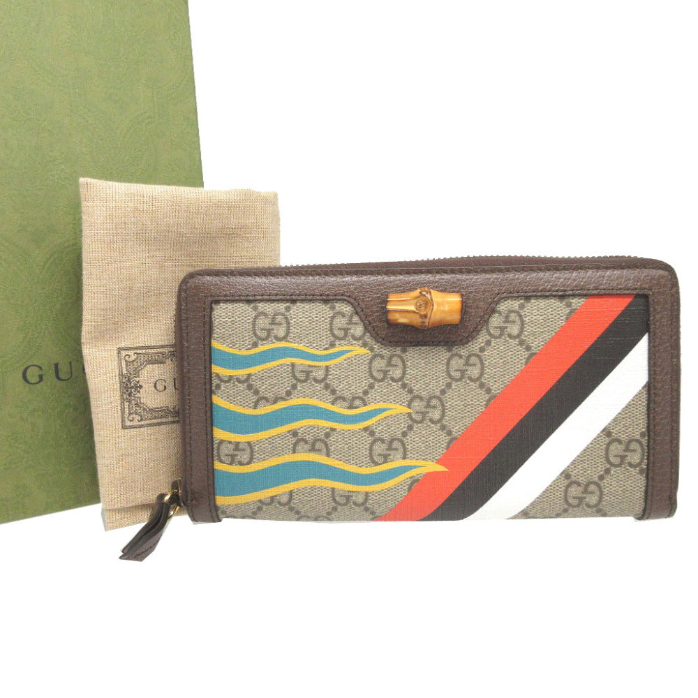 未使用 グッチ ダイアナ 658634 バンブー GGスプリーム レザー ベージュ ブラウン 茶 ラウンドファスナー長財布 財布 1712【中古】GUCCI