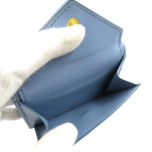 美品 プラダ サフィアーノ 1MH021 レザー ゴールド金具 ブルー 三つ折り財布 1725【中古】PRADA