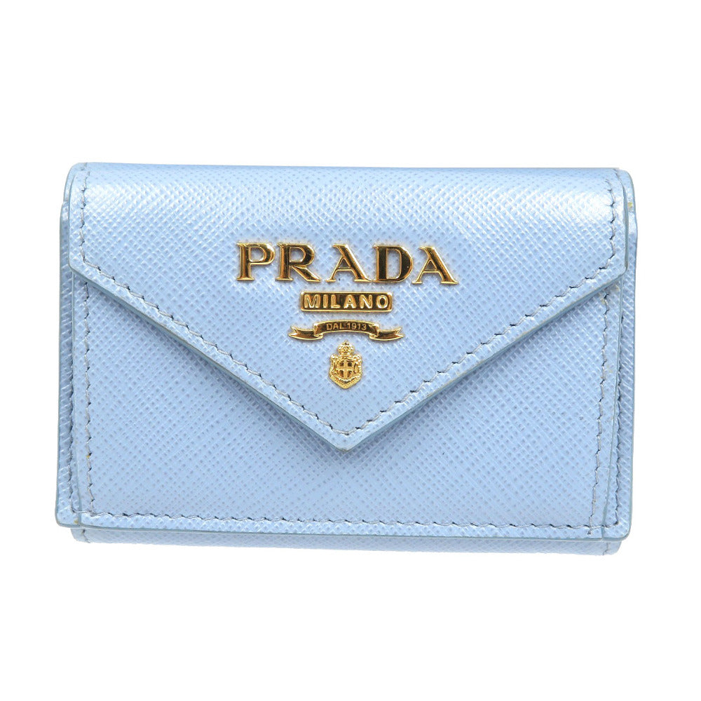 美品 プラダ サフィアーノ 1MH021 レザー ゴールド金具 ブルー 三つ折り財布 1725【中古】PRADA