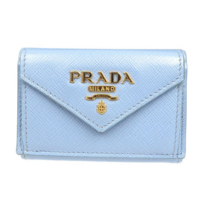 美品 プラダ サフィアーノ 1MH021 レザー ゴールド金具 ブルー 三つ折り財布 1725【中古】PRADA