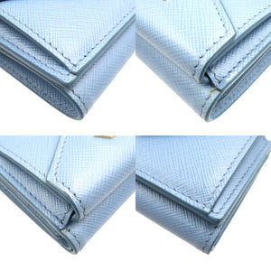 美品 プラダ サフィアーノ 1MH021 レザー ゴールド金具 ブルー 三つ折り財布 1725【中古】PRADA