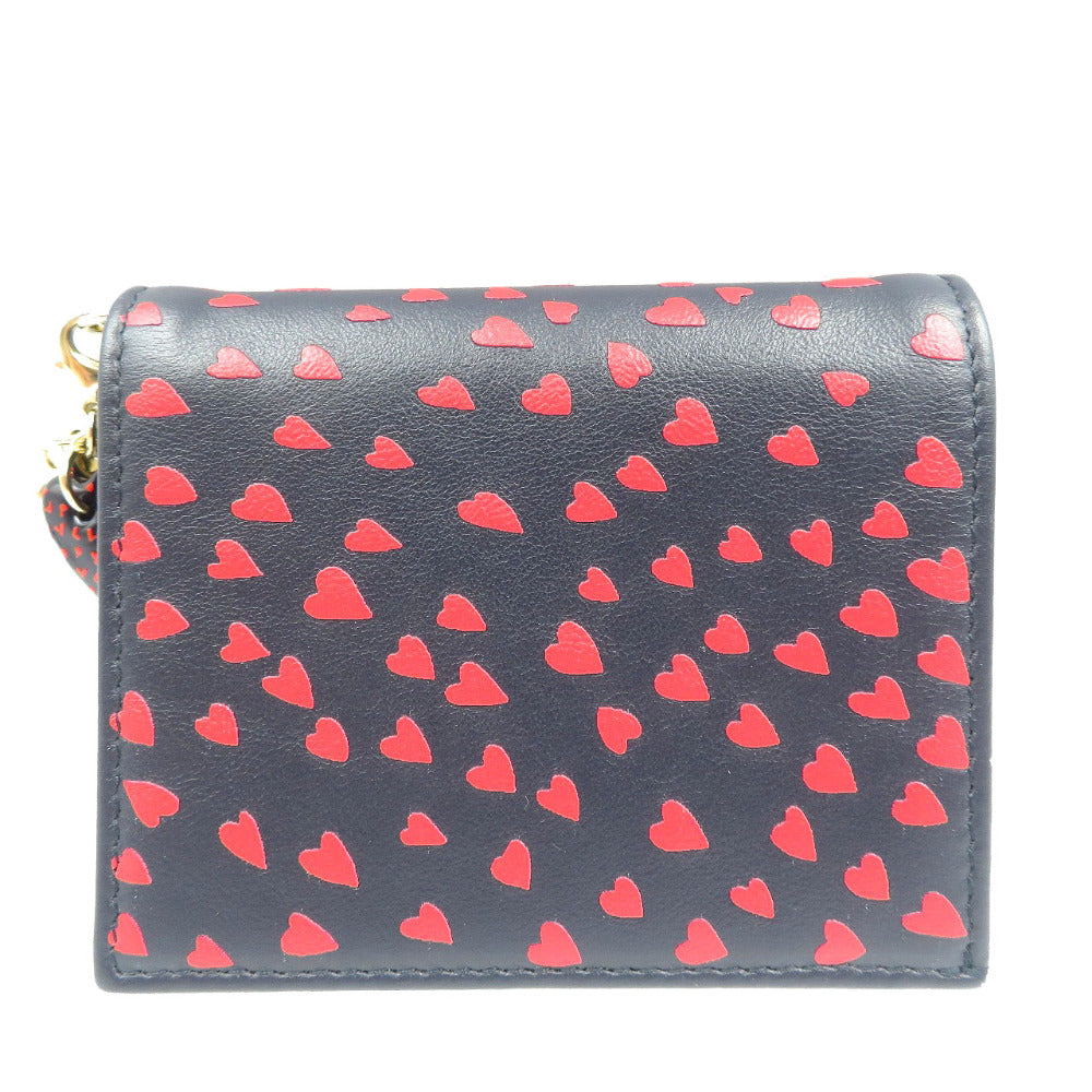 美品 クリスチャンディオール レディディオール ハート レザー ゴールド金具 ネイビー レッド 二つ折り財布 1980【中古】Christian Dior