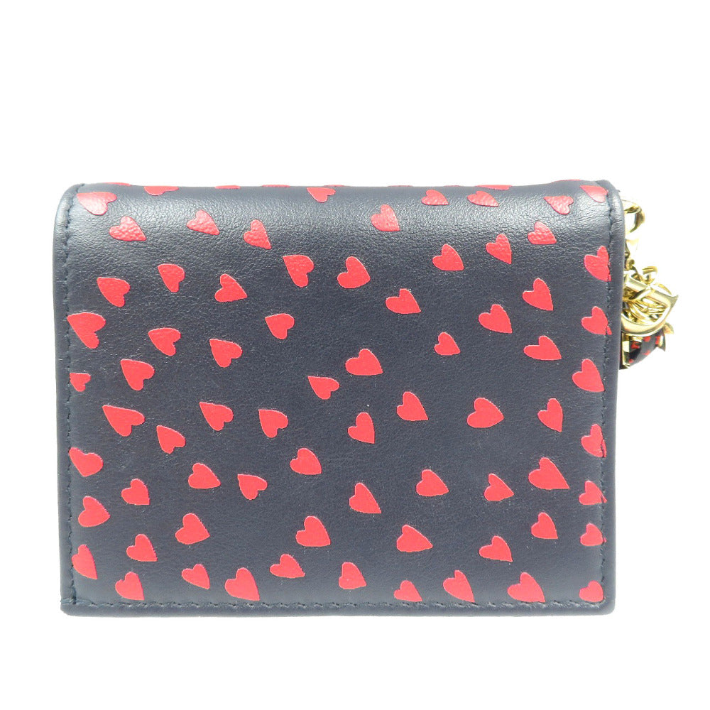 美品 クリスチャンディオール レディディオール ハート レザー ゴールド金具 ネイビー レッド 二つ折り財布 1980【中古】Christian Dior