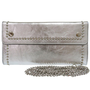 新品同様 ジェイアンドエムデヴィッドソン 2WAY トラベルポーチ ウィズ スタッズ チェーンウォレット クラッチバッグ ショルダーバッグ レザー シルバー 2105【中古】J&M Davidson