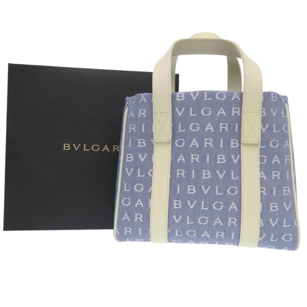 新品同様 ブルガリ ロゴマニア ミニ トートバッグ キャンバス ブルー 0007【中古】BVLGARI
