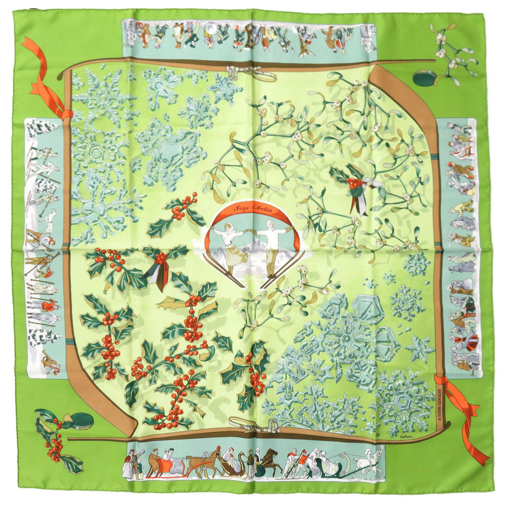 美品 エルメス カレ90 Neige d’ Antan 去年の雪 シルク グリーン スカーフ 0089【中古】HERMES