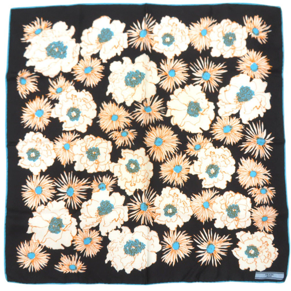 美品 プラダ フローラル 花柄 コントラストトリム ツイルスカーフ Printed silk twill scarf シルク マルチカラー 0095【中古】PRADA