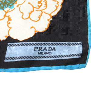 美品 プラダ フローラル 花柄 コントラストトリム ツイルスカーフ Printed silk twill scarf シルク マルチカラー 0095【中古】PRADA