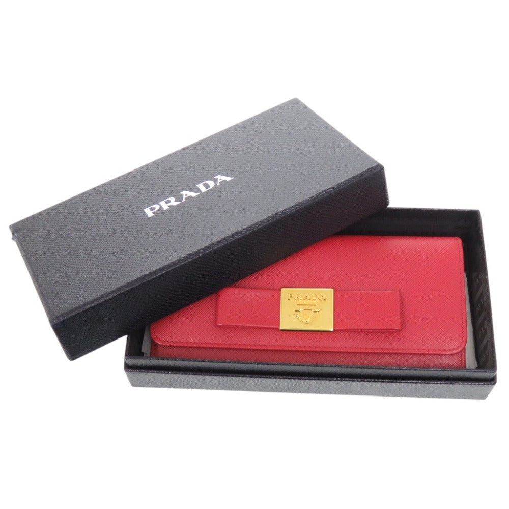 新品同様 プラダ サフィアーノ 1MH132 レザー レッド 二つ折り長財布 赤 0111【中古】PRADA