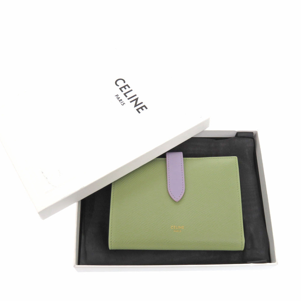 美品 セリーヌ バイカラー ミディアム ストラップ ウォレット 10B64 3BRU グリーン 二つ折り財布  緑 0121【中古】CELINE
