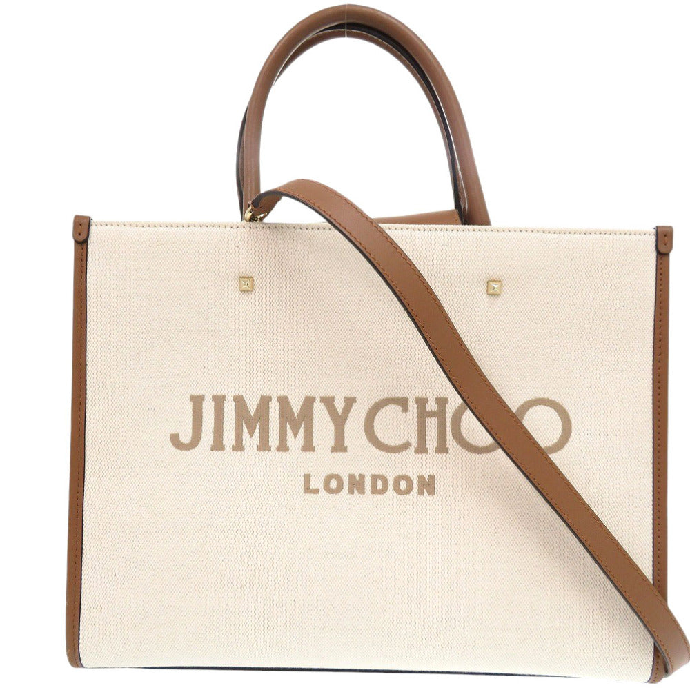 美品 ジミーチュウ アベニューM キャンバス レザー ベージュ ブラウン ２WAYトートバッグ 茶 0216【中古】JIMMY CHOO