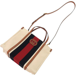 新品同様 グッチ 2way シェリーライン インターロッキングGパッチ 727728 キャンバス ホワイト トートバッグ 0254【中古】GUCCI