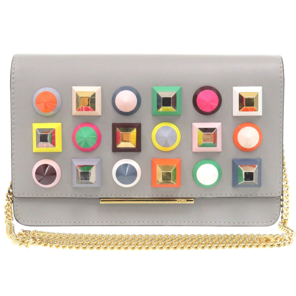 美品 フェンディ スタッズ チェーンウォレット 8M0346 レザー グレー ショルダーバッグ 0347【中古】FENDI