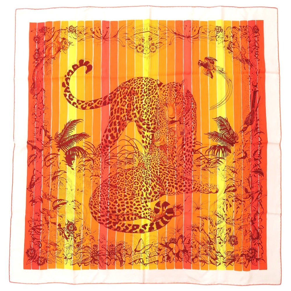 美品 エルメス カレ90 JUNGLE LOVE RAINBOW ジャングルラブ H003369S 08 シルク オレンジ スカーフ 0457【中古】HERMES