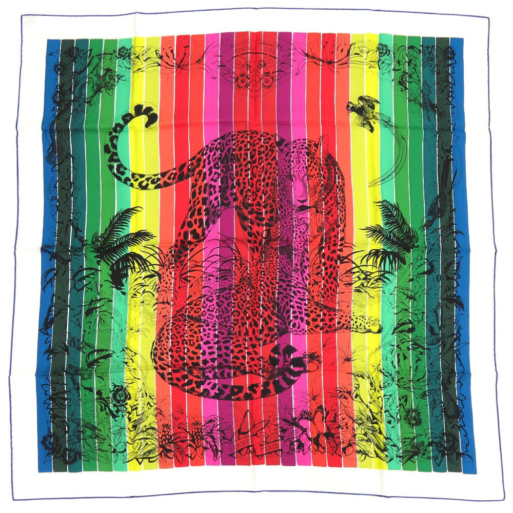新品同様 エルメス カレ90 JUNGLE LOVE RAINBOW スカーフ レオパード 動物 アニマル ストール ショール シルク 【中古】HERMES