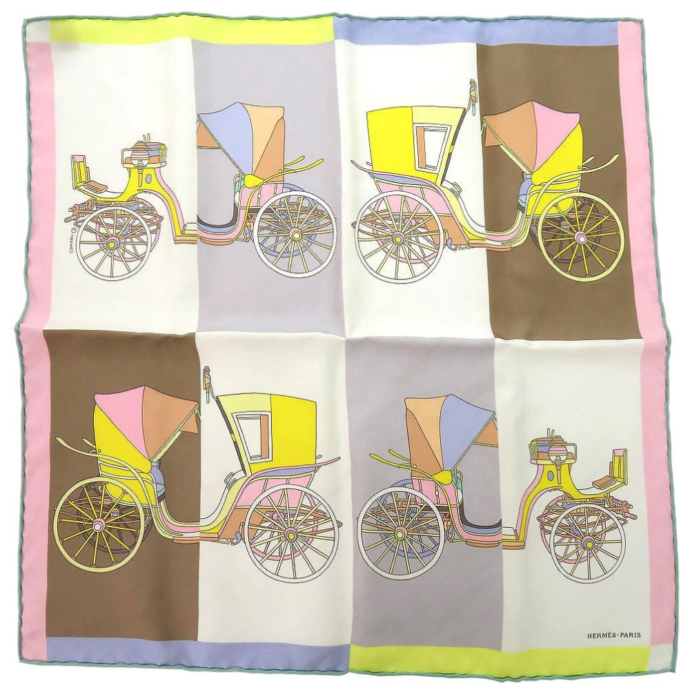 美品 エルメス ポケットチーフ カレ45 プチカレ 精巧な馬車 スカーフ シルク マルチカラー 0508【中古】HERMES