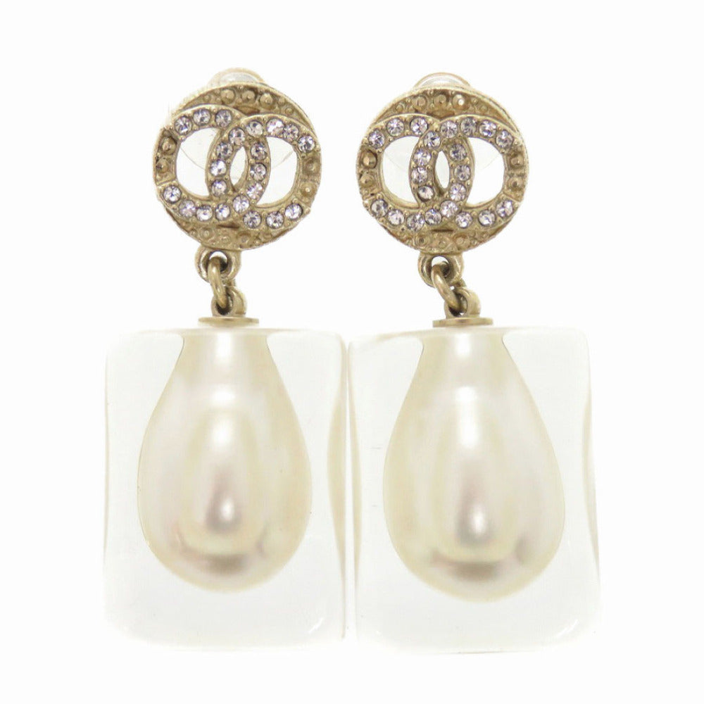 美品 シャネル ココマーク フェイクパール プラスチック ストーン ゴールド ピアス 0563【中古】CHANEL