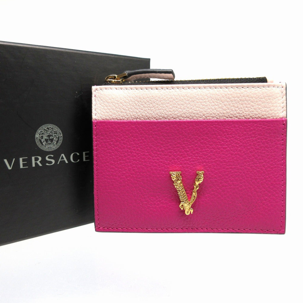 未使用 ヴェルサーチ ヴィルトゥス レザー ピンク フラグメントケース カードケース コインケース 財布 0631【中古】VERSACE