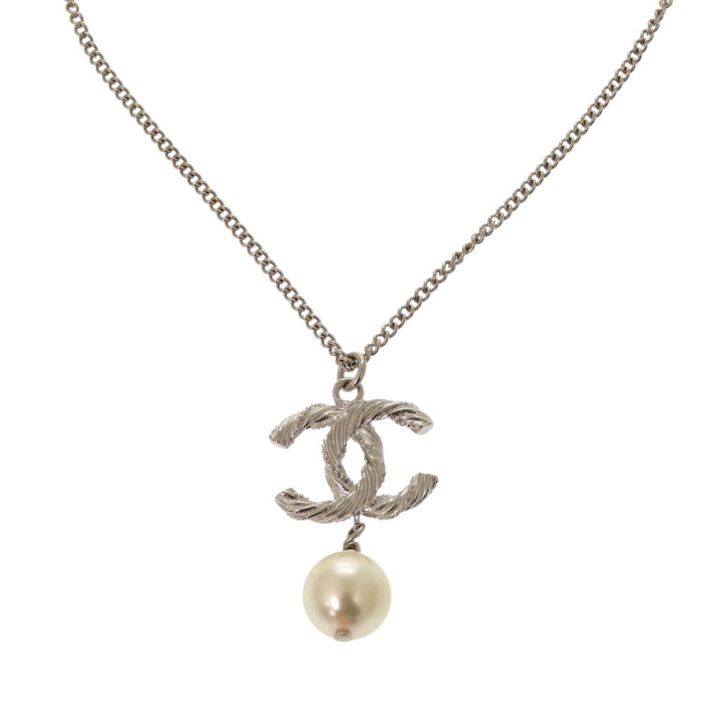 美品 シャネル ココマーク B15V フェイクパール メタル シルバー ネックレス 0653【中古】CHANEL