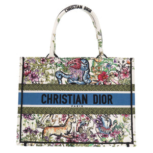 新品同様 クリスチャン ディオール ブックトート ミディアムトートバッグ キャンバス ホワイト 0723【中古】Christian Dior